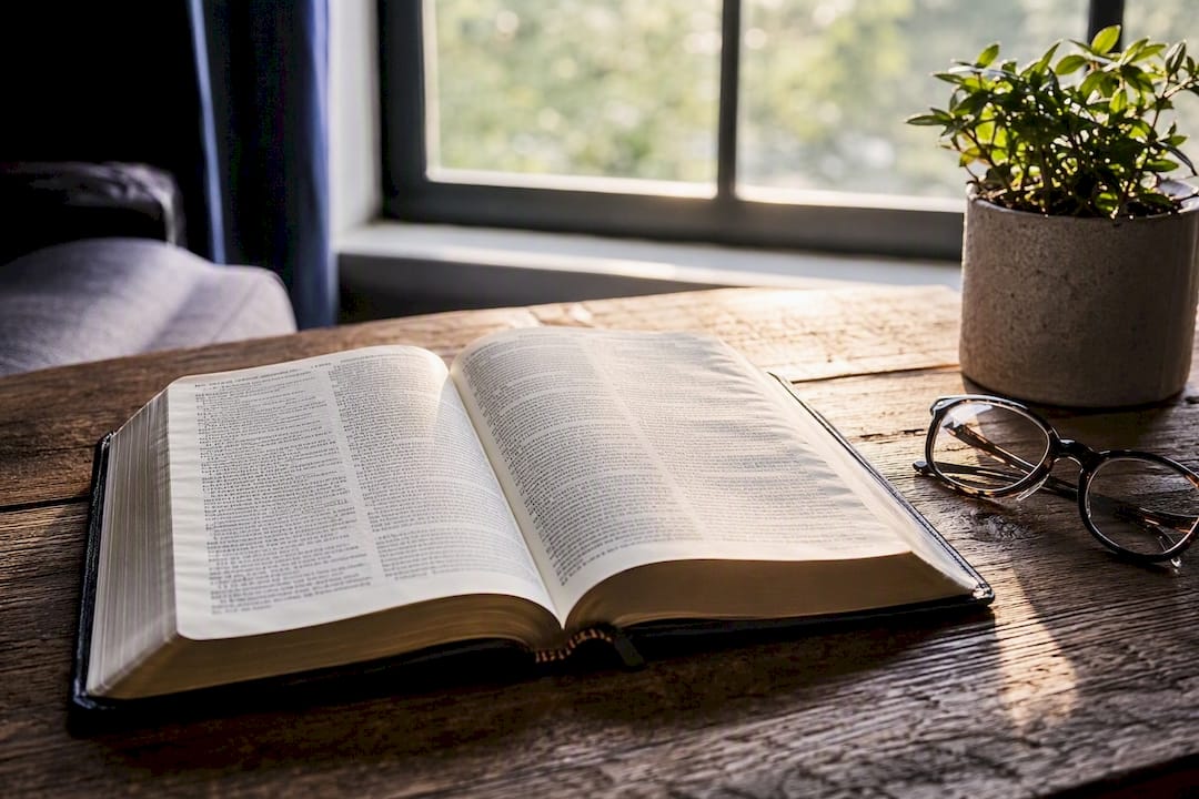 Open Bible with glasses in natural afternoon light