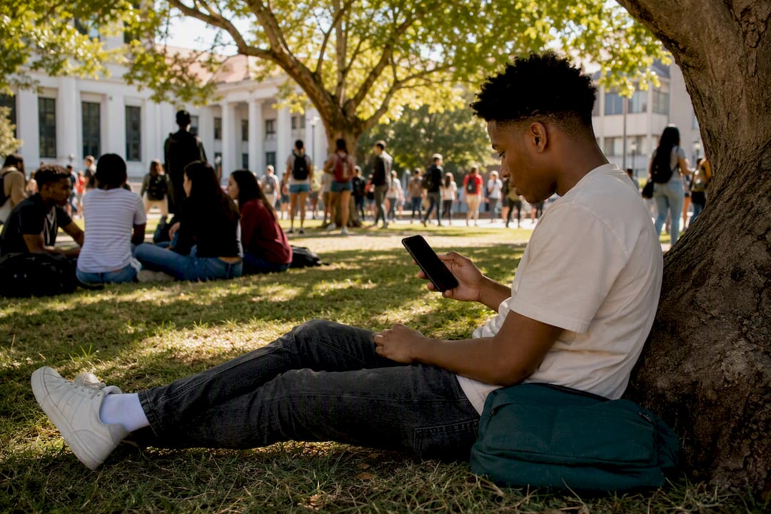 Student scrolling smartphone for jobs