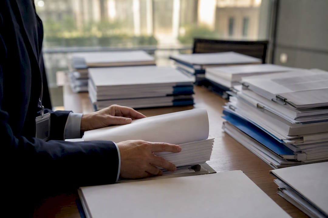 Hands organizing legal inquiry documents