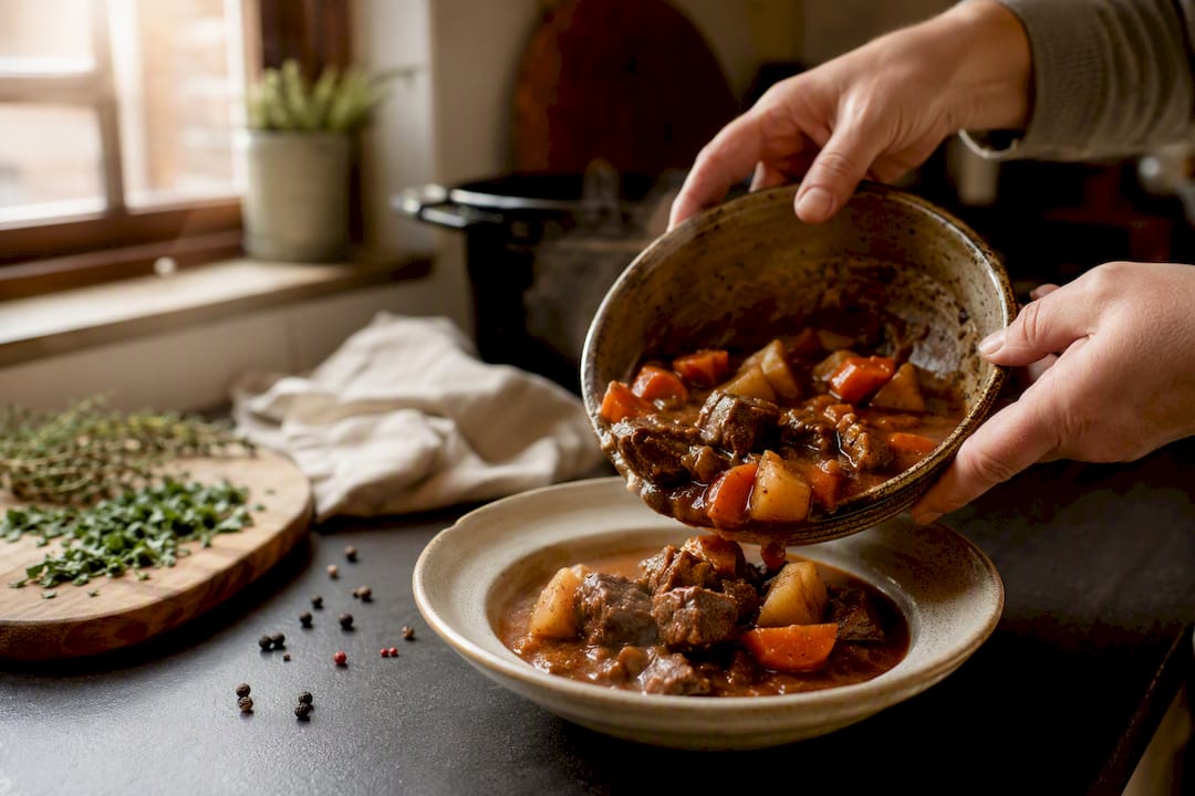 Hands stirring slow cooker beef stew in bowl