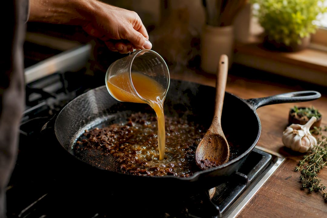 Pouring broth to deglaze skillet with beef bits