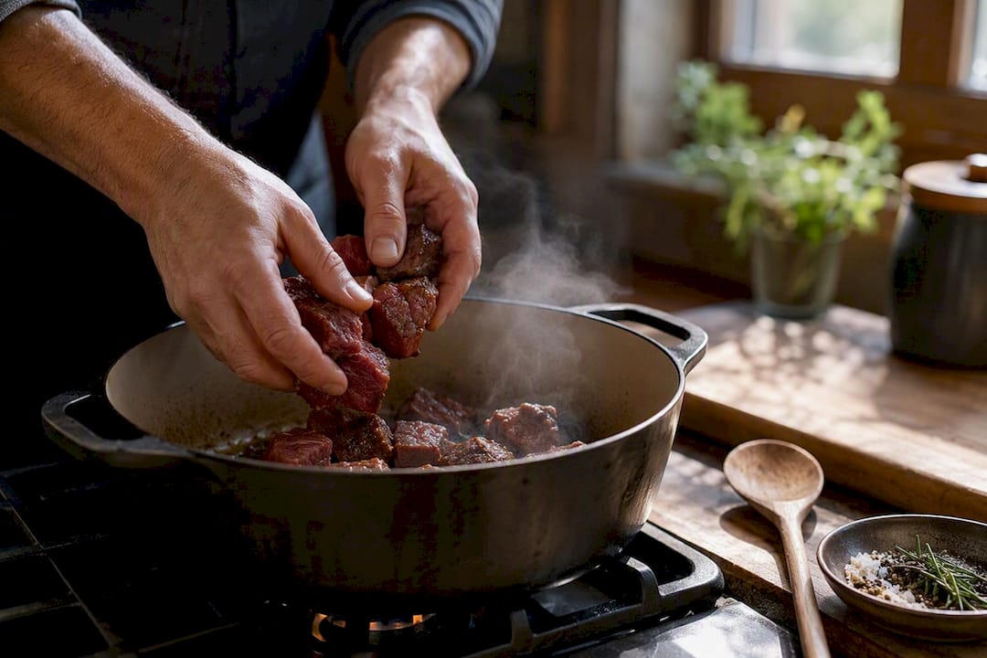 Searing seasoned chuck roast cubes in skillet