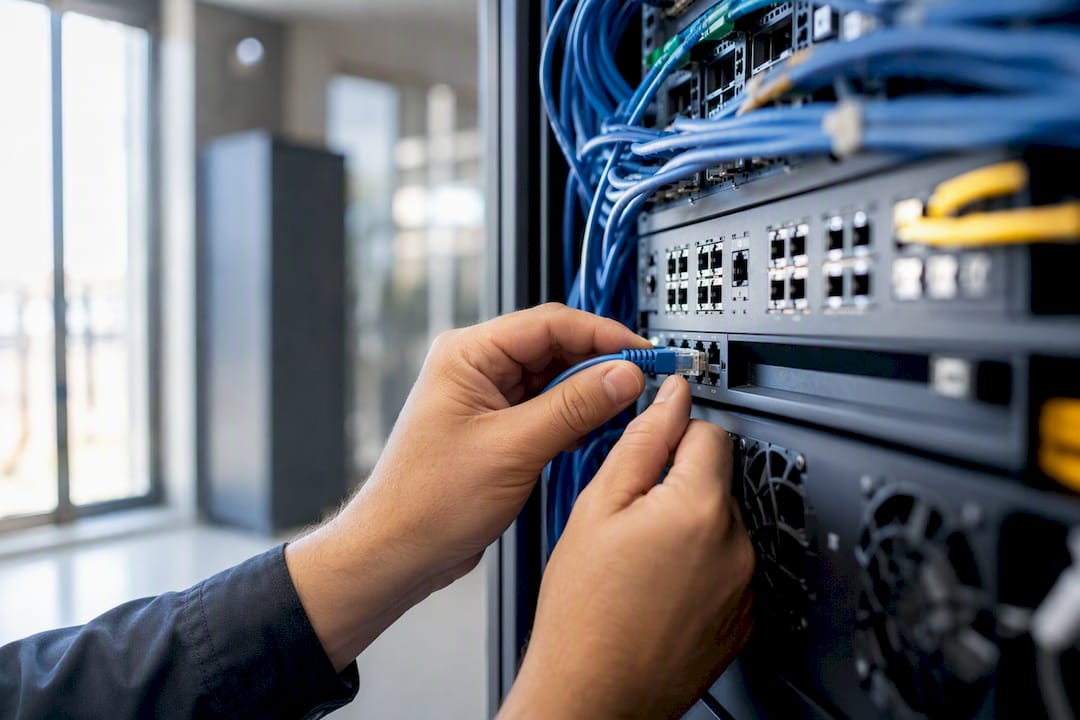 Hands connecting network cable in server rack