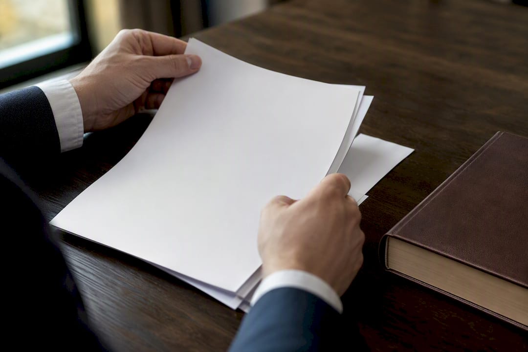 Mani che controllano documenti legali sulla scrivania