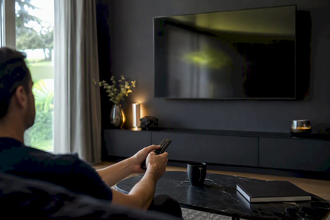 Mani che tengono un telecomando davanti a uno schermo TV spento in una stanza moderna
