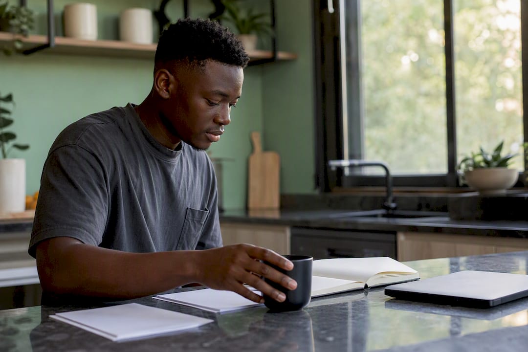 Student arranging study materials on desk