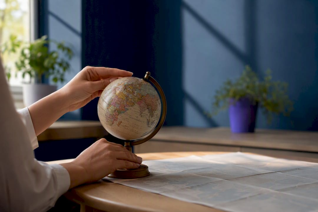 Hands adjusting globe on city map