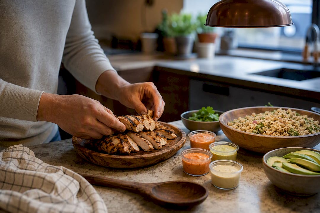 Hands plating plain grilled chicken with sides