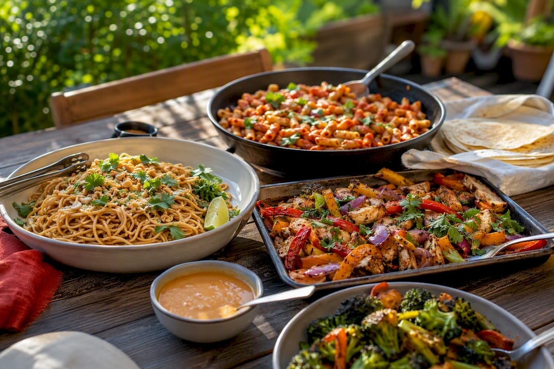 Overhead view of international family dinner dishes
