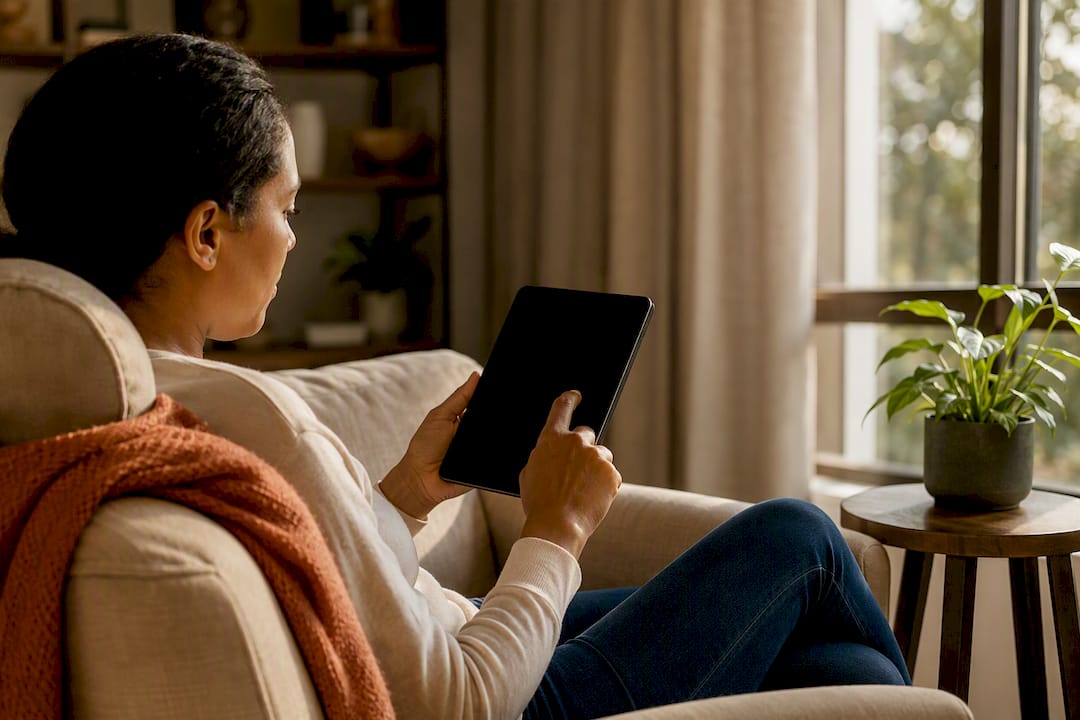 Hands holding tablet in home study
