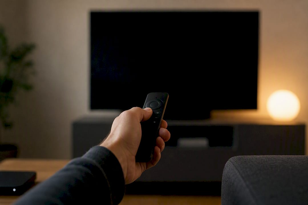 Mano che tiene il telecomando puntato verso uno schermo TV spento