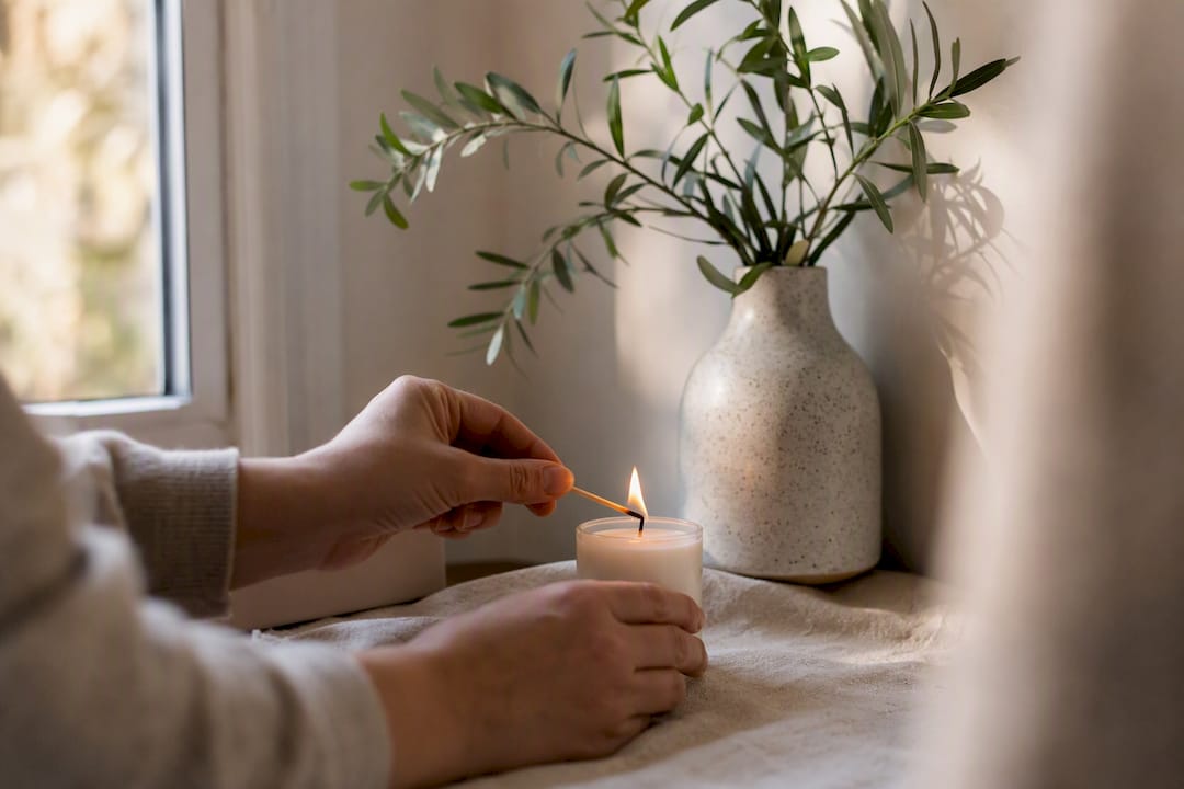Mani che accendono una candela nell'angolo della preghiera