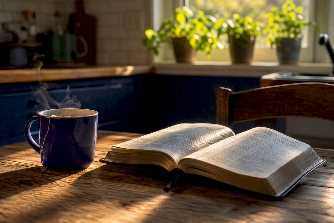 Coffee cup and Bible on wooden table in morning light