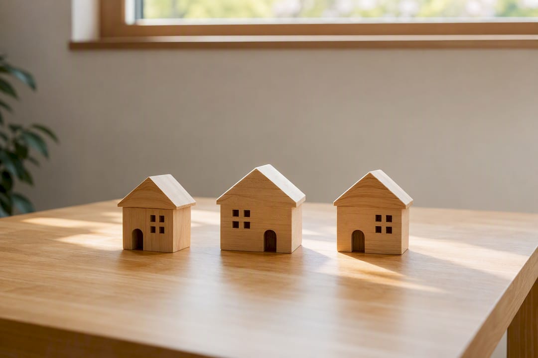 Tre modellini di case in legno sul tavolo