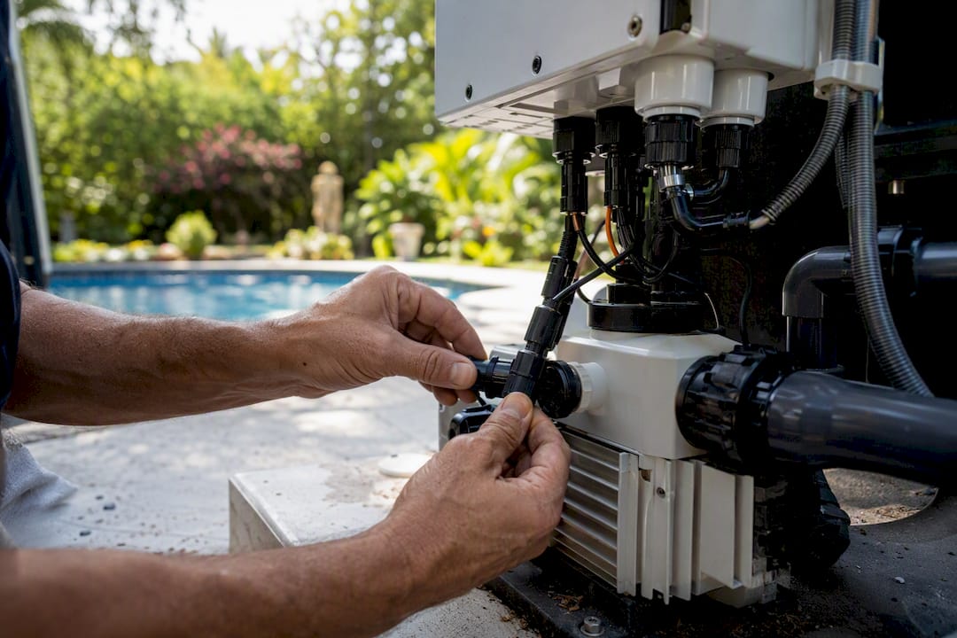 Hands adjusting solar pool pump retrofit components