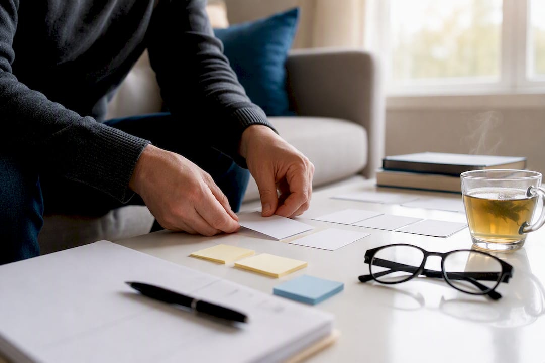 Hands arranging legal citation notes on desk