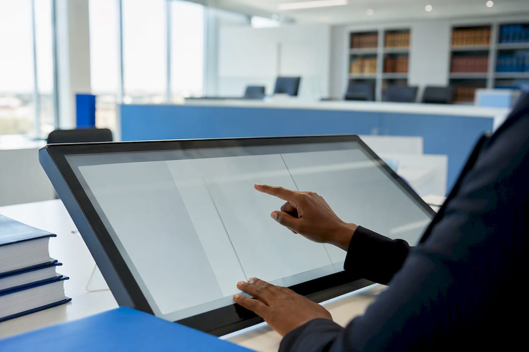 Hands navigating legal transcript archive interface