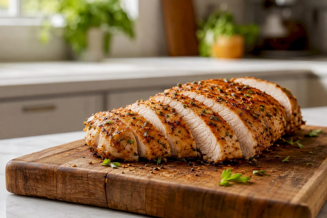 Sliced juicy golden air fryer chicken breast