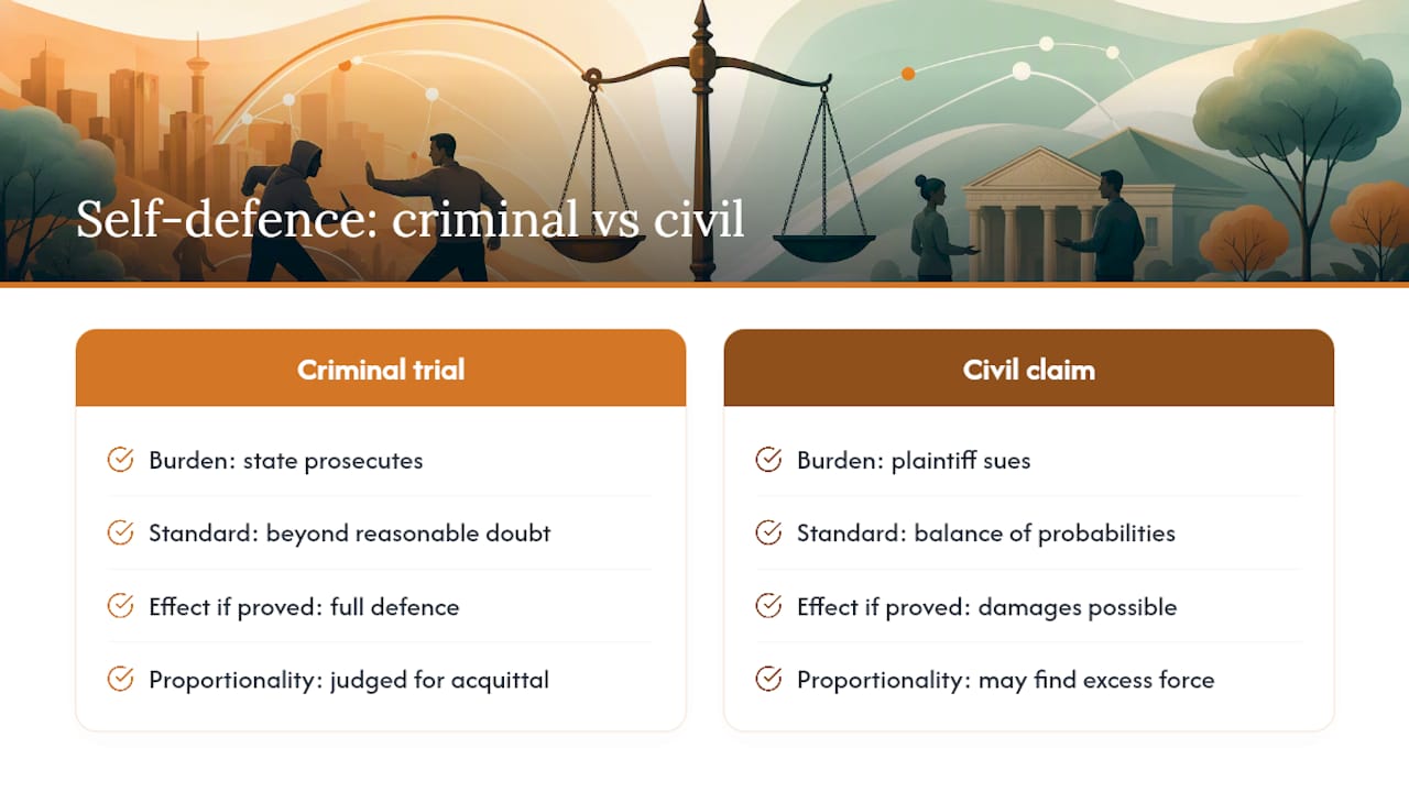 Diagram comparing criminal and civil self defence distinctions