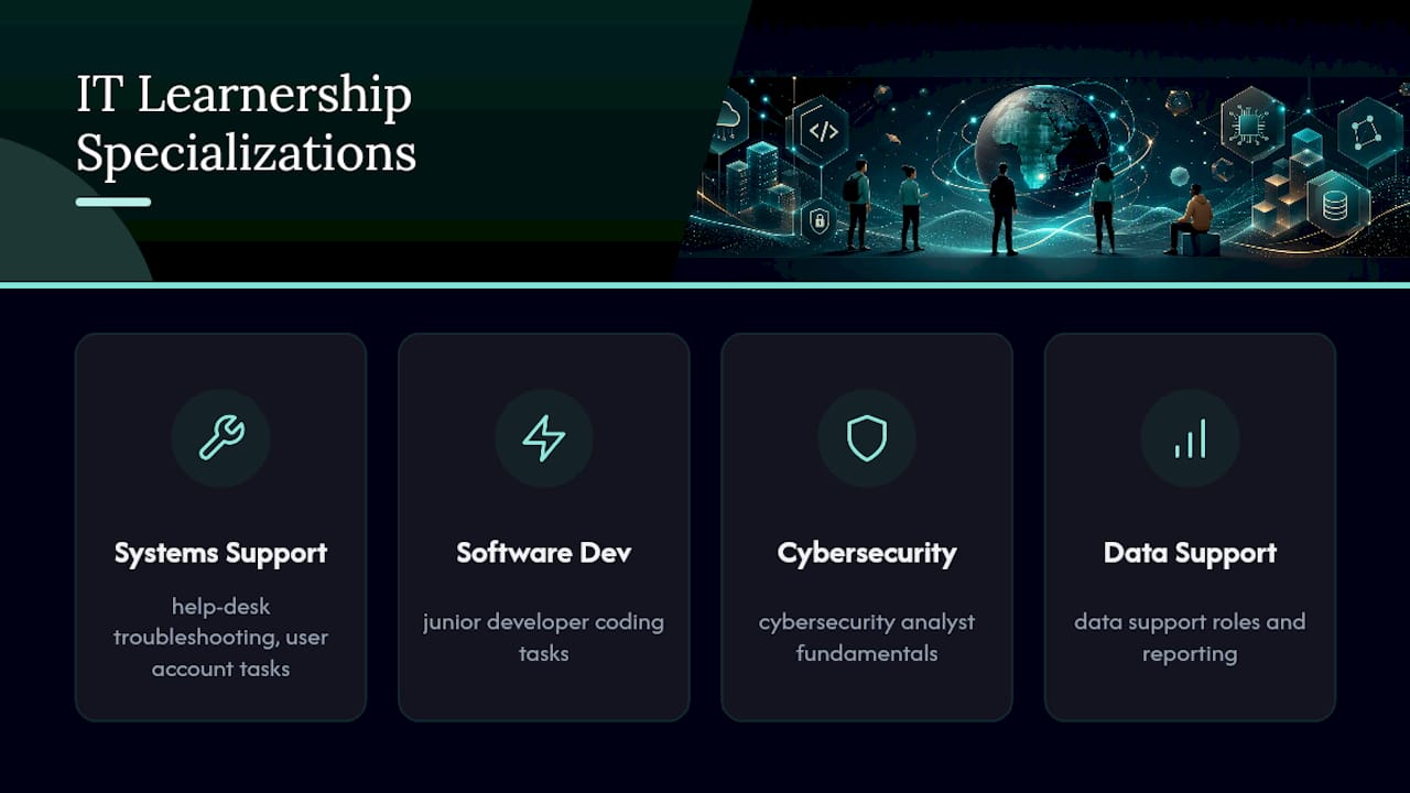Icons representing IT learnership skill areas and jobs