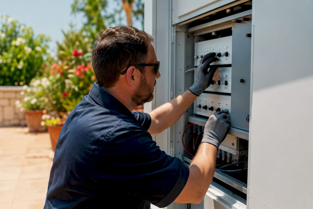 Technician adjusting inverter settings indoors