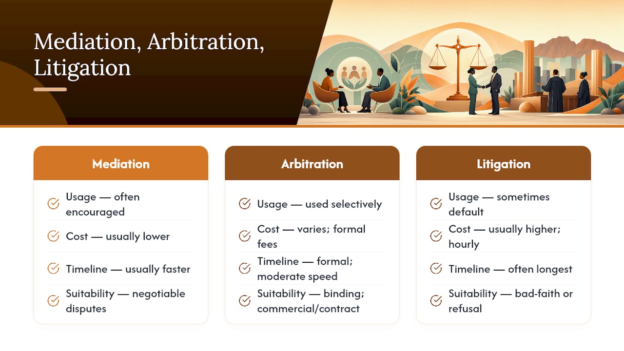 Comparison diagram of mediation, arbitration, and litigation