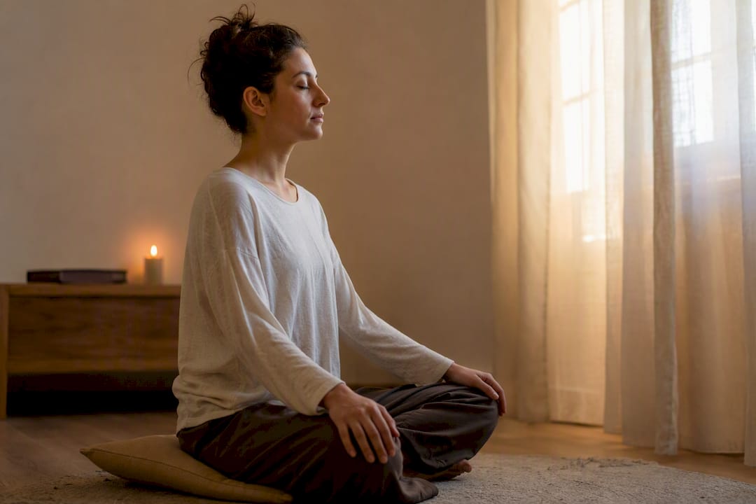 Donna in meditazione in una stanza di preghiera tranquilla