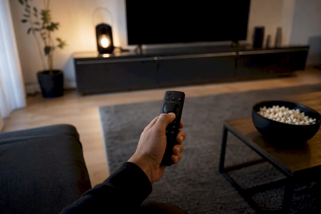 Mano che tiene un telecomando puntato verso la TV in soggiorno