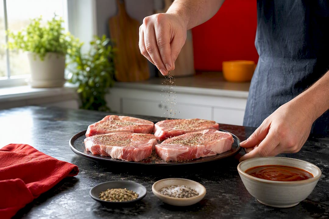 Hands seasoning raw pork chops