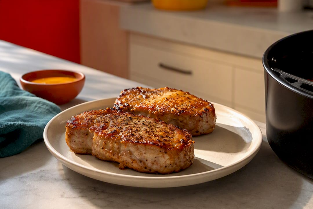 Golden air fryer pork chops on plate