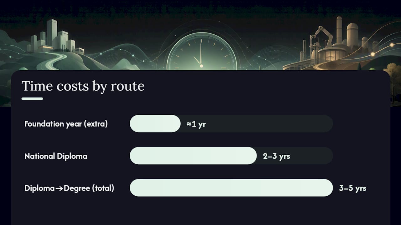 Costs and timelines for foundation, bridging, and diploma routes — overview diagram