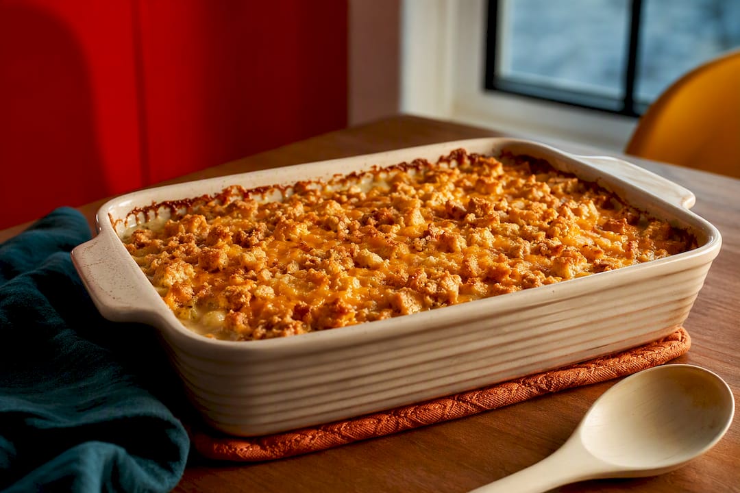 Golden crispy chicken casserole in baking dish