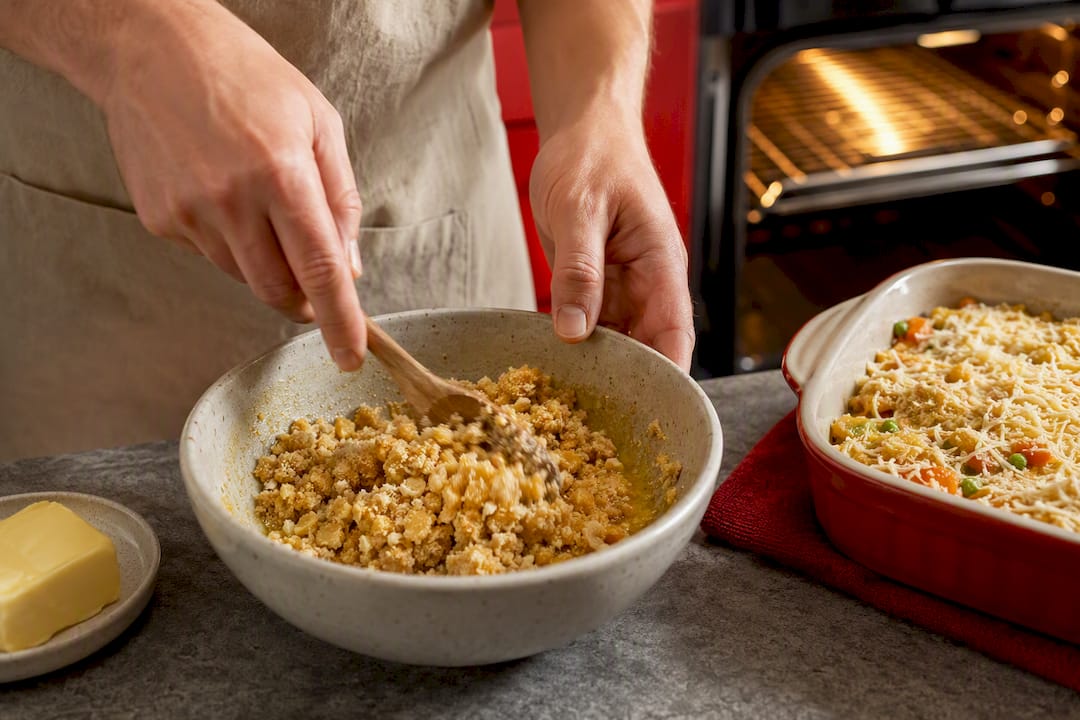 Hands coating casserole crumbs with melted butter
