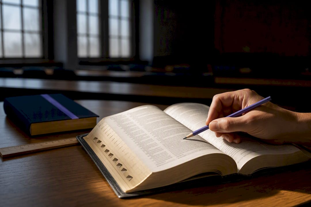 Hand marking observations in an open Bible