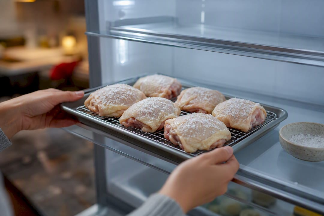 Chicken thighs dry brining on wire rack