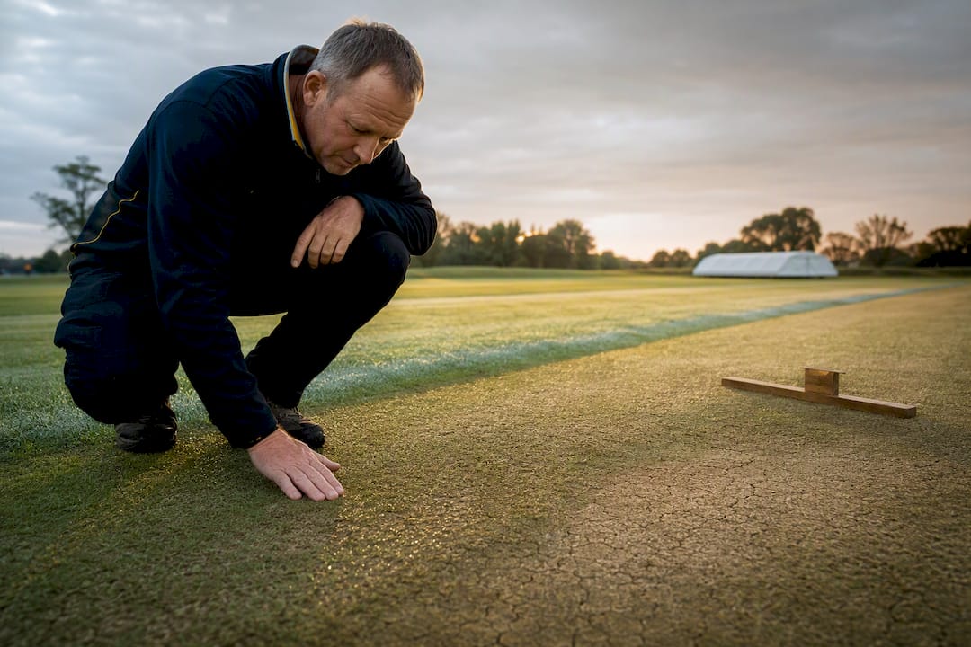 Cricket pitch showing grass cracks and dew