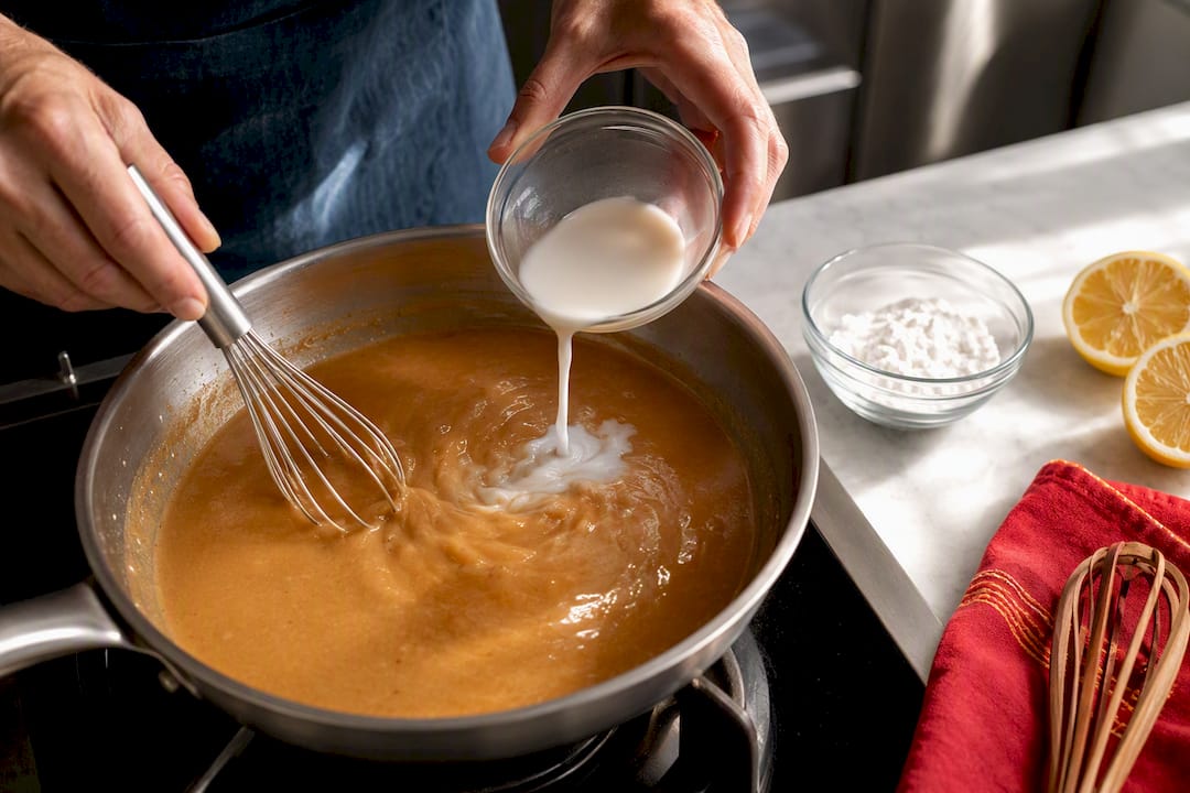 Arrowroot slurry thickening glossy pan sauce