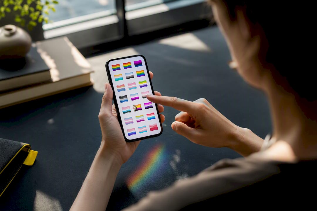 Hand selecting pride flag emojis on smartphone
