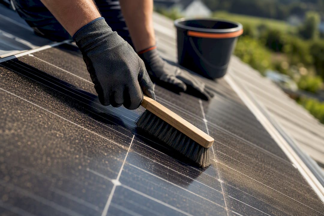 Technician brushing dust from solar panel