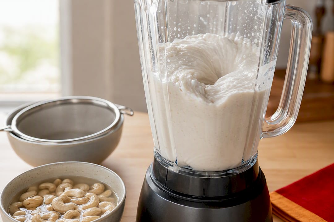 Cashews blending into smooth dairy-free cream