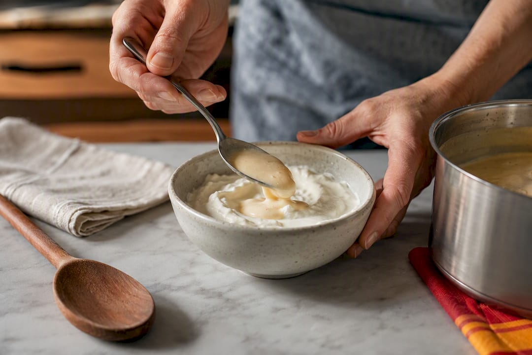Greek yogurt being tempered with warm sauce
