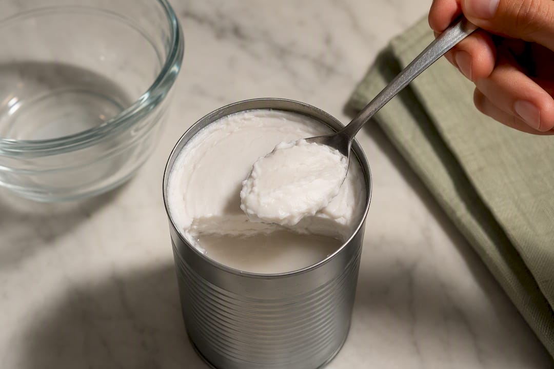 Solid coconut cream scooped from chilled coconut milk