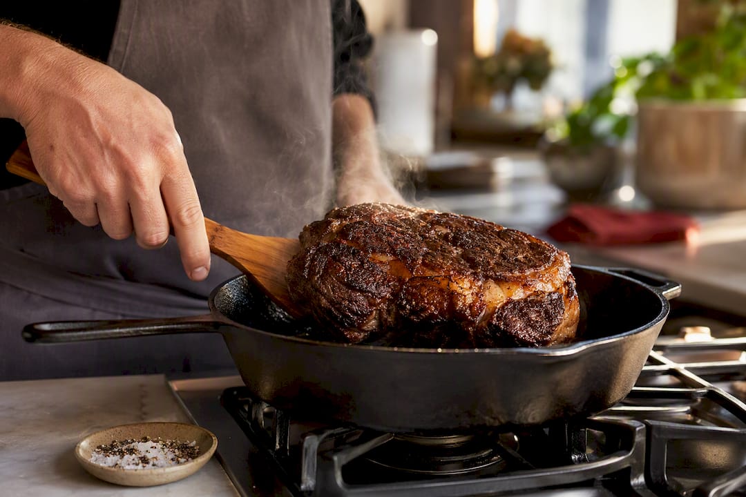 Chuck roast browning in an uncrowded skillet