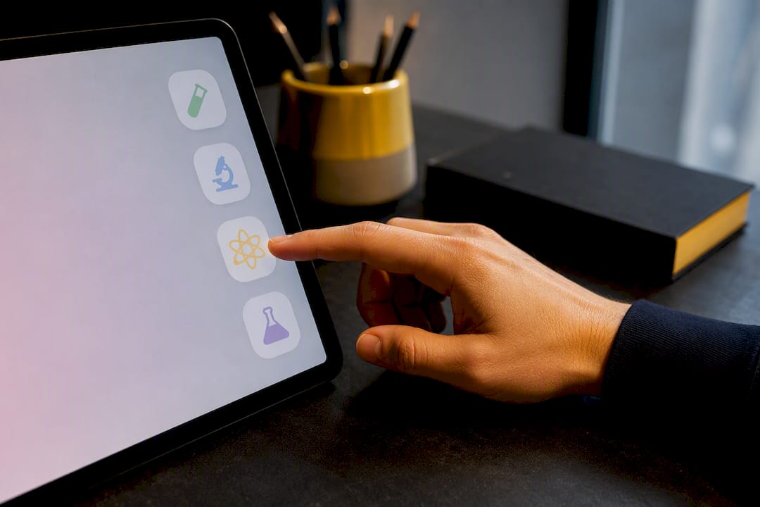 Hand selecting science emojis on tablet