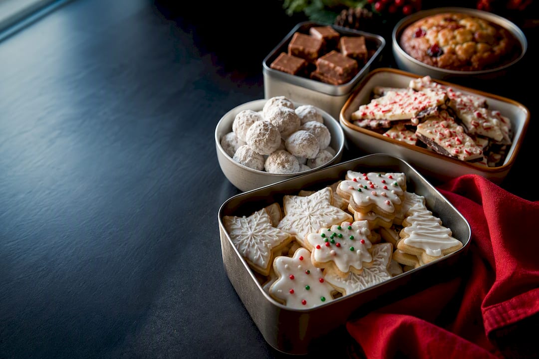 Assorted Christmas desserts ready for freezing