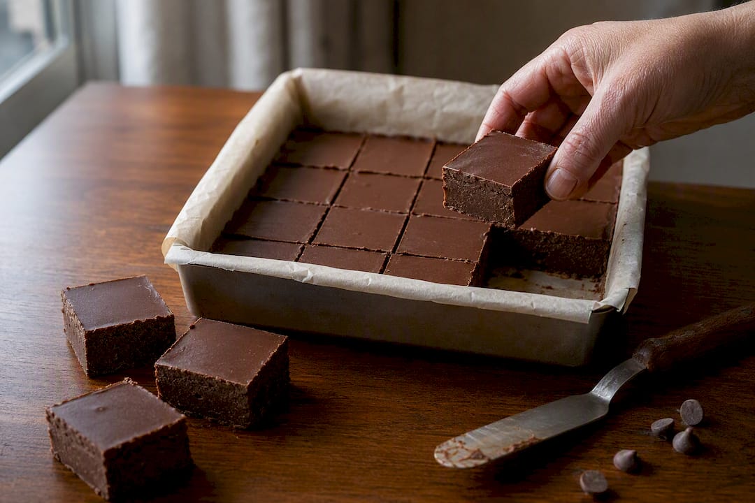 Chocolate fudge squares arranged for storage