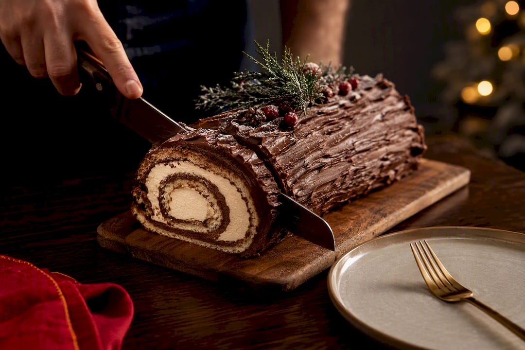 Sliced Christmas Yule log showing layers