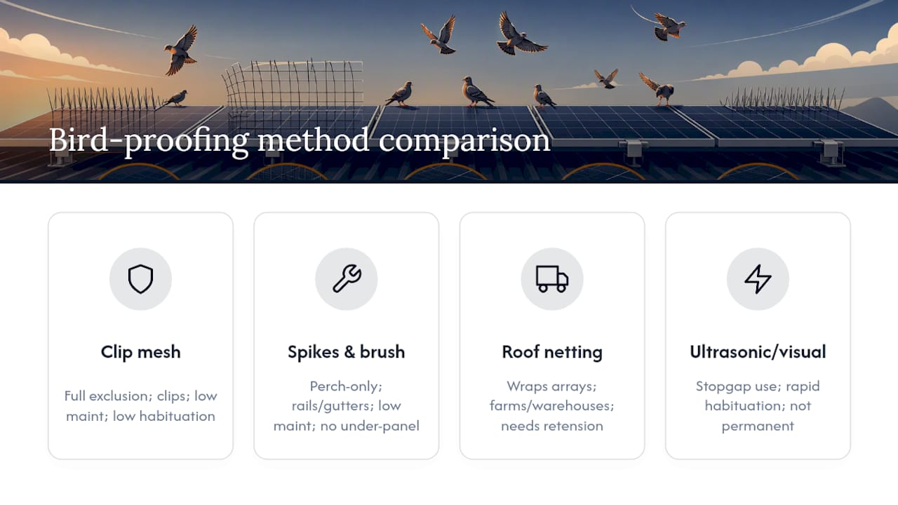 Comparison of four solar bird proofing methods