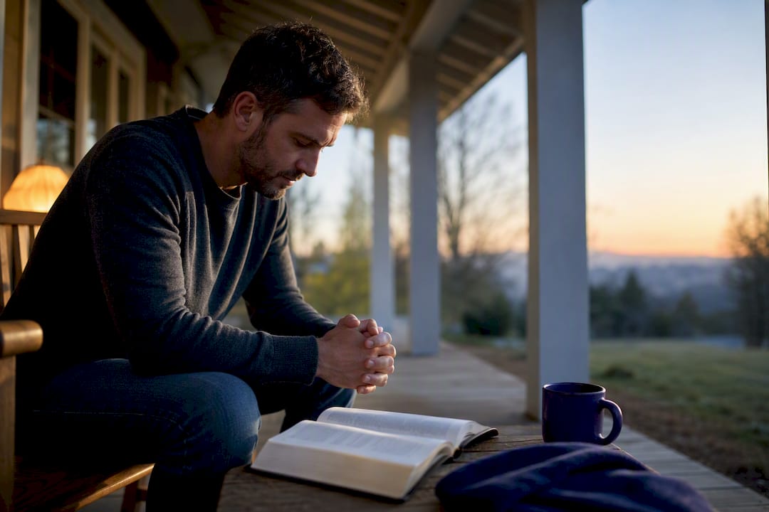 Una persona prega accanto a una Bibbia aperta