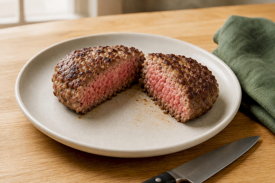 Pink-centered ground beef patty at safe temperature